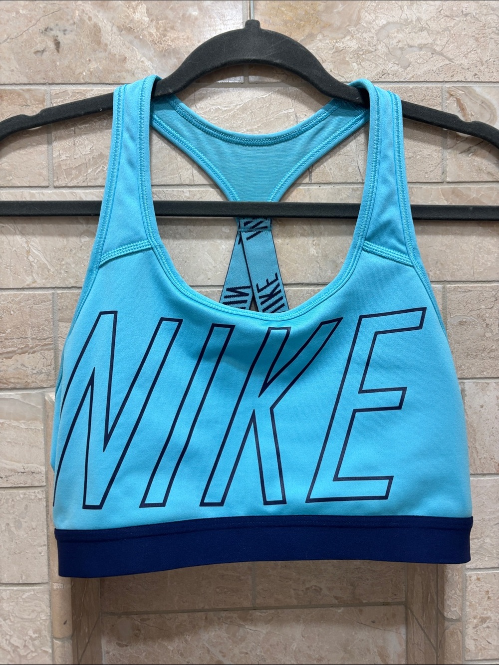 Nike Women's Aqua Blue Racerback Sports Bra with Navy Band - Picture 1 of 11
